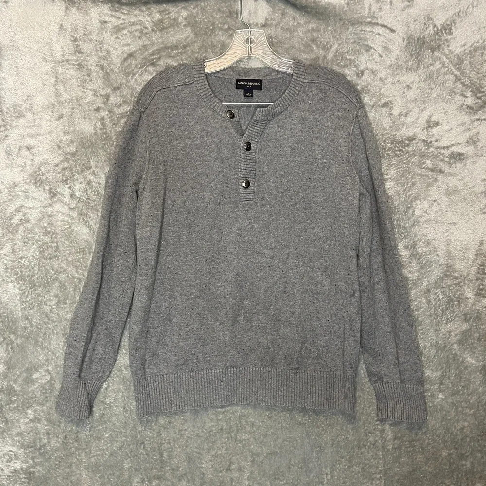 Banana Republic Men Classic Preppy Cotton Blend Speckled Henley Sweater M Gray